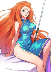 Rule 34 | 1girl, :d, arm support, baton (weapon), breasts, china dress, chinese clothes, commentary request, covered navel, dress, earrings, expandable baton, ghost sweeper mikami, green eyes, highleg, highres, jewelry, long hair, looking at viewer, matsuda (matsukichi), medium breasts, mikami reiko, open mouth, orange hair, sitting, smile, solo, teeth, upper teeth only, weapon