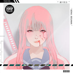 Rule 34 | 1girl, absurdres, barcode, blood, blood on face, character name, english text, grey background, grey hair, highres, jacket, katana, licking lips, looking at viewer, multicolored hair, park junkyu, pink eyes, pink hair, pink jacket, portrait, sailor collar, solo, sword, the girls of armament, tongue, tongue out, two-tone hair, weapon, weapon on back