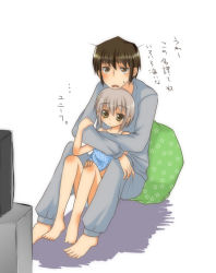 Rule 34 | 00s, 1boy, 1girl, between breasts, breasts, brown hair, contemporary, eryu, height difference, hetero, hug, kyon, long sleeves, looking at viewer, nagato yuki, short hair, silver hair, simple background, sitting, suzumiya haruhi no yuuutsu, sweater, television, white background