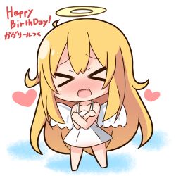Rule 34 | &gt; &lt;, 1girl, angel, angel wings, bare arms, bare shoulders, barefoot, blonde hair, blush, chibi, closed eyes, collarbone, commentary request, dress, facing viewer, full body, gabriel dropout, gabriel tenma white, hair between eyes, halo, hana kazari, happy birthday, heart, long hair, nose blush, open mouth, short dress, sleeveless, sleeveless dress, solo, standing, translation request, very long hair, wavy mouth, white background, white dress, white wings, wings