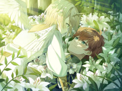 Rule 34 | 2boys, amagi hiiro, angel wings, blonde hair, blue eyes, closed mouth, earrings, ensemble stars!, feathered wings, flower, green eyes, highres, horns, idol clothes, jewelry, long sleeves, looking at another, male focus, multiple boys, orange hair, shiratori aira (ensemble stars!), short hair, single horn, smile, tooka 4120, white flower, wings, yaoi