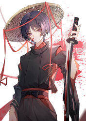 Rule 34 | 1boy, absurdres, bad hands, black pants, black shirt, blood, blood on face, blood splatter, bloody weapon, chinese commentary, commentary request, expressionless, genshin impact, hakama, hat, hat ribbon, highres, holding, holding sword, holding weapon, japanese clothes, katana, kuronushi (genshin impact), looking at viewer, male focus, nail polish, ncheng11good, pants, purple eyes, purple hair, red nails, red ribbon, ribbon, scaramouche (genshin impact), shirt, short hair, signature, simple background, solo, straw hat, sword, weapon, white background