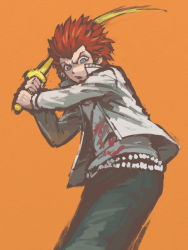 Rule 34 | 1boy, black pants, blue eyes, commentary request, danganronpa: trigger happy havoc, danganronpa (series), feet out of frame, from below, from side, grey jacket, holding, holding weapon, jacket, kuwata leon, long sleeves, male focus, namu (nurui cha), open clothes, open jacket, open mouth, orange background, pants, print shirt, red hair, shirt, simple background, solo, spiked hair, standing, sword, weapon, white shirt