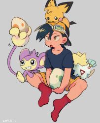 Rule 34 | 1boy, :o, absurdres, aipom, backwards hat, baseball cap, black hair, black shirt, collarbone, commentary request, creatures (company), dated, egg, ethan (pokemon), game freak, gen 2 pokemon, goggles, goggles on headwear, grey background, hair between eyes, hat, highres, holding, holding egg, male focus, nintendo, ok ko19, on head, pichu, pokemon, pokemon (creature), pokemon adventures, pokemon egg, pokemon on head, red socks, shirt, short hair, short sleeves, shorts, simple background, socks, t-shirt, togepi, yellow shorts
