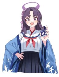 Rule 34 | 1girl, black skirt, blue archive, blush, chocolate cigarette, eyeshadow, fang, flower, hair flower, hair ornament, halo, hand on own hip, haori, highres, holding, japanese clothes, long hair, long sleeves, looking at viewer, makeup, neckerchief, open mouth, pink flower, pleated skirt, purple eyes, purple hair, purple halo, red eyeshadow, red neckerchief, sailor collar, school uniform, serafuku, shiromoca, simple background, skin fang, skirt, smile, solo, white background, white sailor collar, yukari (blue archive)
