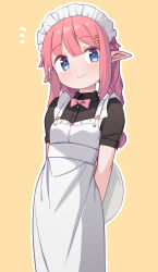 Rule 34 | 1girl, arms behind back, black shirt, blue eyes, bow, bowtie, hair ornament, hairclip, highres, holding, holding tray, long hair, looking at viewer, maid, maid headdress, original, outline, pink bow, pink bowtie, pink hair, pointy ears, saiste, shirt, short sleeves, simple background, smile, solo, tray, white outline, yellow background