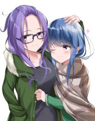 Rule 34 | 2girls, absurdres, bad id, bad pixiv id, bangs pinned back, blue hair, blush, coat, commentary, glasses, hand in pocket, headpat, heart, highres, kagamihara sakura, long hair, looking at another, multiple girls, one eye closed, poncho, purple eyes, purple hair, shima rin, shirt, simple background, smile, white background, ysys, yuri, yurucamp