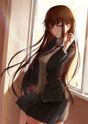 Rule 34 | 1girl, black jacket, black skirt, black thighhighs, blazer, blue eyes, brown hair, brown sweater, buttons, cardigan, closed mouth, collared shirt, commentary, cowboy shot, day, floating hair, hair between eyes, half-closed eyes, hand up, highres, holding, holding hair, indoors, jacket, jirofly, long hair, long sleeves, looking at viewer, medium skirt, necktie, open clothes, open jacket, original, pleated skirt, pocket, rainbow, red necktie, school uniform, shirt, sidelocks, sideways glance, skirt, smile, solo, standing, straight hair, sunlight, sweater, thighhighs, tsurime, unbuttoned, very long hair, white shirt, wind, wind lift, window, wing collar