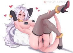 Rule 34 | 1girl, android 21, black sclera, colored sclera, colored skin, dragon ball, dragon ball fighterz, heart pasties, high heels, lingerie, long hair, majin (race), majin android 21, mandytsune, pasties, pink skin, tail, underwear, white hair