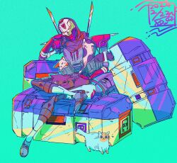 Rule 34 | 1boy, animification, apex legends, blue background, car, cat, dated, death box (apex legends), head tilt, humanoid robot, looking at viewer, mizu cx, motor vehicle, one eye closed, orange eyes, petting, pouch, revenant (apex legends), robot, simulacrum (titanfall), sitting, solo