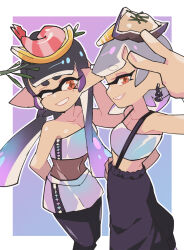 Rule 34 | 2girls, arm behind back, arm behind head, arm up, baggy pants, bare shoulders, black hair, black pants, black pantyhose, blue background, blue tube top, blunt bangs, blunt ends, border, breasts, brown pupils, callie (splatoon), commentary, english commentary, food, food on head, fruit, gomipomi, gradient background, gradient hair, grey hair, grin, hand on own hip, highres, holographic clothing, inkling, lemon, lemon slice, long hair, marie (splatoon), medium hair, midriff, miniskirt, mole, mole under eye, multicolored hair, multiple girls, navel, nintendo, object on head, official alternate costume, official alternate hairstyle, one eye closed, orange eyes, outline, outside border, oyster, pants, pantyhose, pink hair, pointy ears, purple background, purple tube top, shrimp, sidelocks, skirt, small breasts, smile, splatoon (series), splatoon 3, star-shaped pupils, star (symbol), strapless, suspenders, symbol-shaped pupils, tentacle hair, thick eyebrows, tube top, twintails, two-tone hair, two-tone tube top, v, very long hair, white border, white outline, zipper, zipper skirt