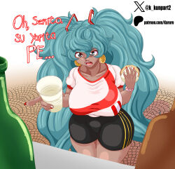 1girl absurdly_long_hair aqua_eyes aqua_hair borrowed_design breasts curvy dark-skinned_female dark_skin drink earrings food hatsune_miku highres holding holding_drink holding_food hoop_earrings jewelry karuro-kun large_breasts long_hair open_mouth peru peruvian_miku solo spanish_text standing translation_request twintails very_long_hair vocaloid wide_hips