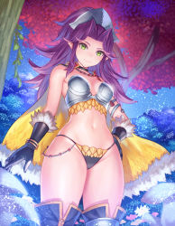 Rule 34 | 1girl, absurdres, anbe yoshirou, angela (seiken densetsu 3), armor, bare shoulders, bikini, bikini armor, bikini bottom only, black bikini, black choker, black gloves, boots, breasts, cape, choker, cowboy shot, from below, fur trim, gloves, green eyes, headgear, highres, long hair, looking at viewer, magus (seiken densetsu 3), medium breasts, nature, navel, outdoors, pointy ears, purple hair, revealing clothes, seiken densetsu, seiken densetsu 3, sidelocks, skindentation, solo, standing, stomach, string bikini, swimsuit, thigh boots, thighhighs, thighs, tree