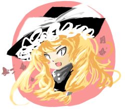 Rule 34 | 1girl, black hat, blonde hair, bow, crazy eyes, curly hair, eyelashes, female focus, hat, hat bow, kirisame marisa, long hair, looking at viewer, saiste, solo, touhou, tsurime, upper body, very long hair, white bow, wide-eyed, witch hat