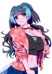 Rule 34 | 1girl, alternate costume, belt, black shirt, blue hair, blush, bracelet, breasts, brown eyes, choker, cleavage, closed mouth, collarbone, cropped shirt, denim, floral print, green hair, hand on own chest, hawaiian shirt, head wings, highres, jeans, jewelry, kemono friends, large breasts, long hair, long sleeves, looking at viewer, mamiyama, multicolored hair, navel, pants, passenger pigeon (kemono friends), red shirt, shirt, smile, solo, wings