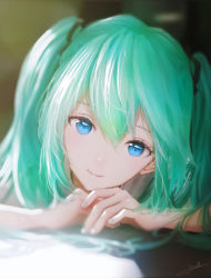 Rule 34 | 1girl, aqua hair, aqua nails, bloom, blue eyes, blurry, blurry foreground, close-up, commentary, depth of field, hair tie, hatsune miku, highres, long hair, looking at viewer, lying, nail polish, ojay tkym, on stomach, portrait, revision, sidelighting, signature, solo, twintails, vocaloid