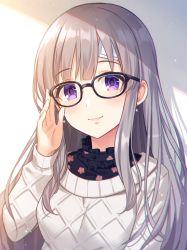 Rule 34 | 1girl, adjusting eyewear, aran sweater, bandaid, bandaid on face, bandaid on forehead, black-framed eyewear, cable knit, chromatic aberration, closed mouth, commentary request, earrings, floral print, frills, glasses, hand up, idolmaster, idolmaster shiny colors, jewelry, long hair, looking at viewer, pink lips, silver hair, smile, solo, sweater, upper body, white background, white sweater, yukoku kiriko, yuuhi (ages)