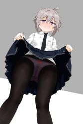 Rule 34 | 1girl, absurdres, black necktie, black pantyhose, black skirt, clothes lift, from below, girls&#039; frontline, highres, lifting own clothes, m200 (girls&#039; frontline), necktie, open mouth, panties, panties under pantyhose, pantyhose, purple eyes, shirt, skirt, skirt lift, solo, spinmaster, underwear, white panties, white shirt