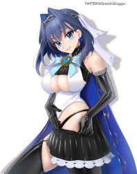 Rule 34 | 1girl, areola slip, bare shoulders, black gloves, black hair, black skirt, black thighhighs, blue bow, blue bowtie, blue eyes, bow, bow earrings, bowtie, breasts, chain, chain headband, cleavage, earrings, elbow gloves, from side, gloves, greatodoggo, hair intakes, head chain, highres, hololive, hololive english, jewelry, large breasts, looking at viewer, ouro kronii, panty straps, parted lips, shirt, simple background, skirt, smile, solo, standing, thighhighs, twitter username, virtual youtuber, white background, white shirt