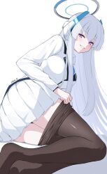Rule 34 | 1girl, absurdres, black pantyhose, blue archive, blue necktie, clothes pull, formal, grey hair, halo, headphones, highres, id card, jacket, long hair, mechanical halo, miniskirt, necktie, no shoes, noa (blue archive), pantyhose, pantyhose pull, pleated skirt, purple eyes, reia 76, skirt, smile, solo, suit, white background, white jacket, white skirt, white suit
