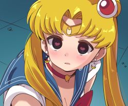 Rule 34 | 1girl, @ @, bishoujo senshi sailor moon, blonde hair, blue eyes, breasts, choker, circlet, cleavage, commentary request, crescent, crescent earrings, derivative work, double bun, earrings, heart, heart-shaped pupils, highres, jewelry, medium breasts, meme, parted lips, portrait, sailor collar, sailor moon, sailor moon redraw challenge (meme), screenshot redraw, solo, suzuki toto, sweatdrop, symbol-shaped pupils, tsukino usagi, twintails