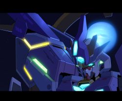 Rule 34 | backlighting, close-up, g.yamamoto, glowing, glowing eyes, gundam, gundam build divers, gundam build divers re:rise, highres, letterboxed, looking down, mecha, name connection, nepteight gundam, neptune (planet), no humans, object namesake, planet, robot, science fiction, solo, v-fin