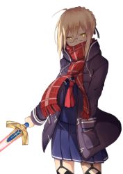 Rule 34 | 1girl, absurdres, ahoge, artoria pendragon (all), artoria pendragon (fate), blonde hair, coat, excalibur (fate/stay night), fate/grand order, fate (series), glasses, hand in pocket, highres, mysterious heroine x (fate), mysterious heroine x alter (fate), mysterious heroine x alter (first ascension) (fate), saber (fate), scarf, school uniform, solo, tsukamoto minori, yellow eyes