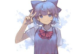 Rule 34 | 1girl, blue eyes, blue hair, blush, cirno, hair ornament, hair ribbon, hikage, looking at viewer, matching hair/eyes, ribbon, shirt, short hair, short sleeves, simple background, smile, solo, touhou, upper body, v, vest, white background