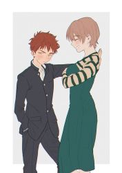 Rule 34 | 1boy, 1girl, ^ ^, ^o^, absurdres, against wall, age difference, aged down, blush, breasts, brown hair, closed eyes, cowboy shot, crossed arms, dress, earrings, embarrassed, emiya shirou, fate/stay night, fate (series), fujimura taiga, gakuran, grin, hand in pocket, highres, invisible wall, jewelry, kabedon, looking away, medium breasts, momoka (abc momoka0718), open collar, orange hair, outside border, pinafore dress, profile, ribbon, school uniform, shirt, short hair, simple background, sleeveless, sleeveless dress, smile, striped clothes, striped shirt, sweatdrop, two-tone background