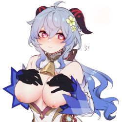 Rule 34 | 1girl, ahoge, bare shoulders, bell, black gloves, blue hair, blush, breasts, chigen (drakkai10), chinese knot, detached sleeves, embarrassed, flower, flower knot, flying sweatdrops, ganyu (genshin impact), genshin impact, gloves, hair flower, hair ornament, hand on own chest, highres, horns, inverted nipples, large breasts, long hair, looking at viewer, neck bell, nipples, purple eyes, sidelocks, solo, upper body, vision (genshin impact), wavy mouth, white background, white sleeves