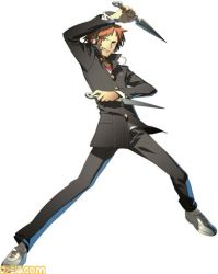 Rule 34 | 1boy, arc system works, atlus, dual wielding, fighting stance, hanamura yousuke, headphones, holding, kunai, lowres, male focus, official art, persona, persona 4, persona 4: the ultimate in mayonaka arena, red hair, school uniform, solo, watermark, weapon