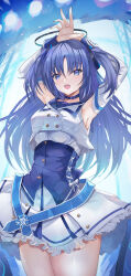 Rule 34 | 1girl, arms up, blue archive, blue choker, blue corset, choker, corset, detached sleeves, halo, idol, idol clothes, inoue takuya (tactactak), long hair, looking at viewer, mechanical halo, mischievous straight uniform (blue archive), purple eyes, purple hair, skirt, solo, white skirt, yuuka (blue archive)