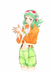 Rule 34 | 1girl, breasts, goggles, goggles on head, green eyes, green hair, gumi, gumi (v3 megpoid), highres, jacket, matching hair/eyes, nail polish, official art, own hands together, shorts, simple background, small breasts, solo, suspenders, underboob, vocaloid, yuuki masami