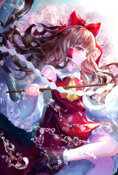 Rule 34 | 1girl, absurdres, ascot, bow, brown hair, closed mouth, commentary, detached sleeves, frilled bow, frilled hair tubes, frills, gohei, hair bow, hair tubes, hakurei reimu, highres, holding, holding gohei, long hair, looking at viewer, red bow, red skirt, skirt, skirt set, solo, suzushina, touhou, twitter username, yellow ascot, yellow eyes