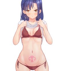 Rule 34 | 1girl, bad id, bad pixiv id, blue hair, blush, bra, braid, breasts, clothes lift, commentary request, cowboy shot, idolmaster, idolmaster million live!, idolmaster million live! theater days, lifting own clothes, loeldrive, medium breasts, nanao yuriko, panties, pubic tattoo, red bra, red panties, shirt lift, short hair, side-tie panties, simple background, smile, solo, stomach tattoo, tattoo, underwear, white background, yellow eyes