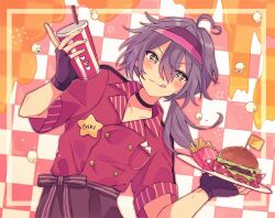 Rule 34 | 0ihara, 1boy, ahoge, androgynous, black choker, black gloves, blue eyes, blush, brown pants, burger, checkered background, choker, closed mouth, collared shirt, cup, employee uniform, ensemble stars!, fast food uniform, fingerless gloves, food, french fries, gloves, grey hair, highres, holding, holding cup, honey, low side ponytail, male focus, multicolored background, pants, red background, red headwear, red shirt, shiina niki, shirt, side ponytail, smile, solo, tray, uniform, white background