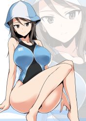 Rule 34 | 10s, 1girl, adapted costume, alternate costume, arm at side, bare arms, bare legs, barefoot, blue hat, breasts, brown eyes, brown hair, collarbone, competition swimsuit, girls und panzer, hair between eyes, halcon, hat, large breasts, light smile, long hair, looking at viewer, mika (girls und panzer), one-piece swimsuit, sitting, smile, solo, swimsuit, zoom layer