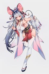 Rule 34 | 1girl, animal ears, armpits, bell, bow, breasts, closed mouth, collar, detached sleeves, ear piercing, fake animal ears, full body, gohei, grey hair, hair bow, highres, japanese clothes, jingle bell, large breasts, leaning forward, long hair, long sleeves, looking at viewer, mouse ears, mouse tail, neck bell, nontraditional miko, olys, original, panties, piercing, ponytail, red eyes, revealing clothes, ribbon-trimmed sleeves, ribbon trim, sandals, side-tie panties, sideboob, smile, solo, tail, thighhighs, twitter username, underwear, very long hair, white thighhighs, wide sleeves, zouri