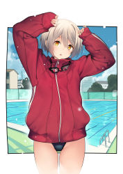 Rule 34 | 1girl, :o, absurdres, arms up, black one-piece swimsuit, blush, border, commentary request, cowboy shot, day, goggles, goggles around neck, hair between eyes, highres, jacket, long sleeves, looking at viewer, one-piece swimsuit, open mouth, original, outdoors, outside border, pool, red jacket, short hair, silver hair, sleeves past wrists, solo, swimsuit, swimsuit under clothes, thighs, track jacket, twinpoo, water, white border, yellow eyes