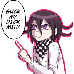 Rule 34 | 1boy, border, checkered clothes, checkered scarf, cheer (cheerpuppy14), danganronpa (series), danganronpa v3: killing harmony, english text, flipped hair, grey background, hair between eyes, highres, jacket, long sleeves, meme, oma kokichi, pink border, pink eyes, pointing, scarf, simple background, sketch, solo, speech bubble, teeth, upper teeth only