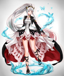 Rule 34 | 10s, 1girl, breasts, bug, butterfly, dress, fire, full body, gradient background, green eyes, grey hair, hair ornament, insect, lailah (tales), leg ribbon, long hair, multicolored hair, ribbon, shoes, solo, standing, standing on one leg, tales of (series), tales of zestiria, very long hair
