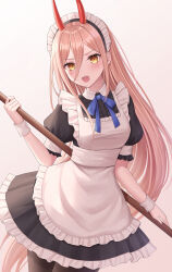 Rule 34 | 1girl, apron, chainsaw man, highres, long hair, looking at viewer, maid, open mouth, power (chainsaw man), seungju lee, short sleeves, solo, yellow eyes
