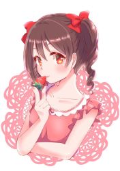 Rule 34 | 1girl, artist request, black hair, breasts, brown eyes, closed mouth, collarbone, eyelashes, food, frilled shirt collar, frilled sleeves, frills, fruit, lips, looking at viewer, love live!, love live! school idol project, nose, pink shirt, red ribbon, ribbon, shirt, short twintails, simple background, small breasts, smile, solo, source request, strawberry, twintails, upper body, white background, yazawa nico