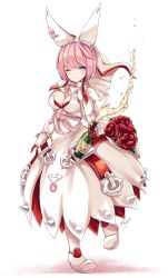 Rule 34 | 1girl, ;), alcohol, bad id, bad twitter id, blue eyes, blush, bouquet, breasts, champagne, cleavage, cleavage cutout, closed mouth, clothing cutout, dress, elphelt valentine, flower, full body, gloves, guilty gear, guilty gear xrd, hairband, highres, long sleeves, looking at viewer, maremay0513, medium breasts, one eye closed, pink hair, red flower, red rose, rose, short hair, smile, solo, spikes, standing, swept bangs, veil, white dress