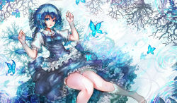 Rule 34 | 1girl, barefoot, blue eyes, blue hair, blue skirt, bow, breasts, butterfly, butterfly hair ornament, cirno, collared shirt, d:, embellished costume, frilled bow, frilled shirt, frilled skirt, frills, hair bow, hair ornament, highres, ice, ice wings, kiyomasa ren, looking at viewer, lying, matching hair/eyes, on back, open mouth, partially submerged, puffy short sleeves, puffy sleeves, red ribbon, revision, ribbon, ribbon-trimmed collar, ribbon trim, ripples, shirt, short hair, short sleeves, skirt, skirt set, small breasts, solo, text focus, touhou, water, wings