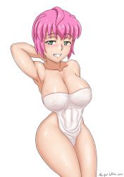Rule 34 | 1girl, abridged-satoko, armpits, blush, breasts, cleavage, convenient censoring, green eyes, grin, large breasts, looking at viewer, miyazaki yoshie, pink hair, smile, solo, thick thighs, thighs, towel, wet, white towel