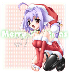 Rule 34 | 1girl, animal ears, bell, neck bell, cat ears, cat tail, christmas, collar, dress, hat, santa costume, santa hat, solo, strapless, strapless dress, tachibana surimu, tail, thighhighs
