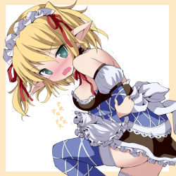 Rule 34 | 1girl, adapted costume, alternate costume, alternate hairstyle, bare shoulders, blonde hair, blue thighhighs, blush, border, breasts, covering privates, embarrassed, enmaided, artistic error, female focus, givuchoko, green eyes, hair ribbon, highres, leg up, looking at viewer, maid, maid headdress, mizuhashi parsee, neck ribbon, open mouth, pointy ears, ribbon, short hair, skirt, solo, tears, thighhighs, touhou, twintails