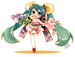 Rule 34 | 1girl, chibi, flower, full body, hatsune miku, headset, leg lift, long hair, mao yu, midriff, navel, open mouth, simple background, skirt, solo, standing, standing on one leg, thighhighs, twintails, very long hair, vocaloid