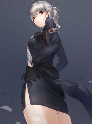 Rule 34 | 1girl, armband, gloves, grey background, hands in pockets, highres, holster, jacket, kfr, looking back, original, pencil skirt, ponytail, red eyes, shirt, silver hair, skirt, solo, white shirt